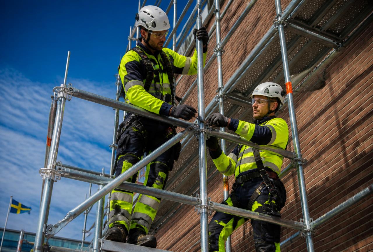 Två ställningsmontörer i säkerhetsutrustning